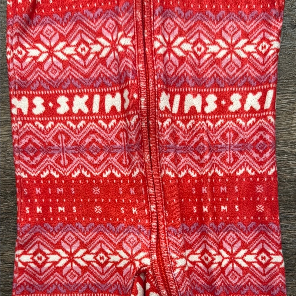 SKIMS Logo Plush Pointelle Footless Romper in Red Fair Isle Print - Picture 5 of 12